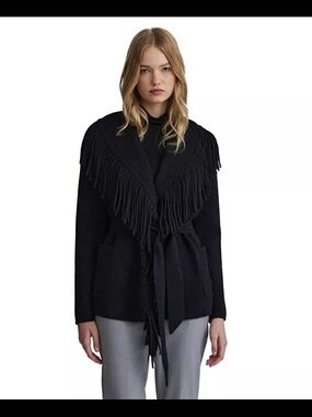 NVLT Black Fringed Shawl Collar Tie-Waist Cardigan